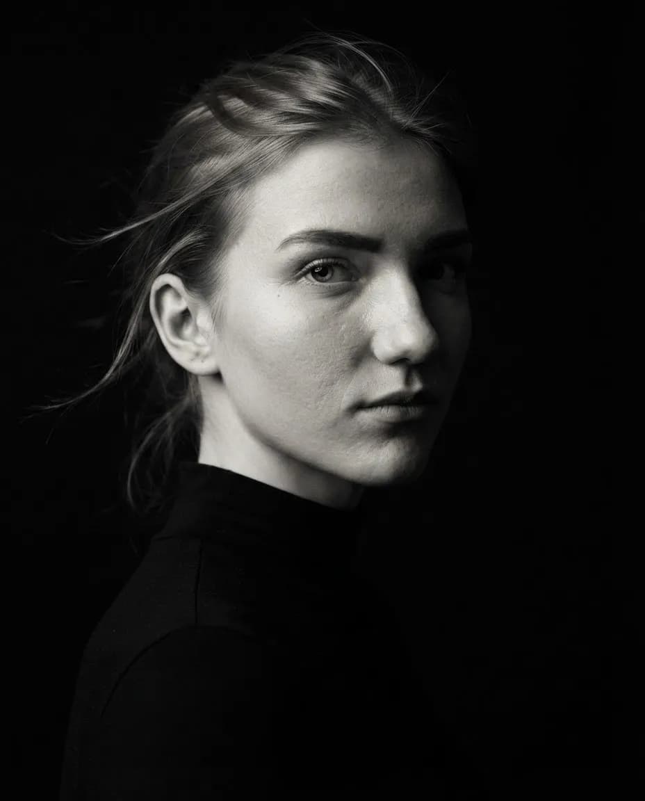 Dramatic studio portrait with split lighting, half the face lit and half in shadow on black