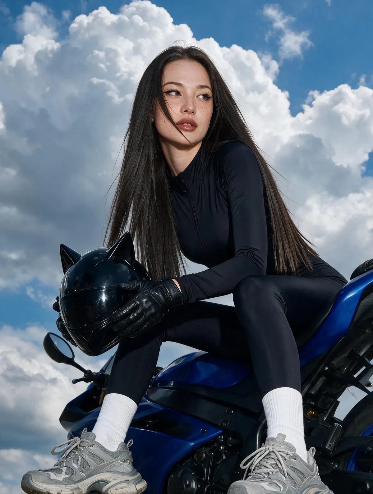 Low-angle portrait of a woman in a black catsuit sitting on a blue sport motorcycle against a cloudy blue sky