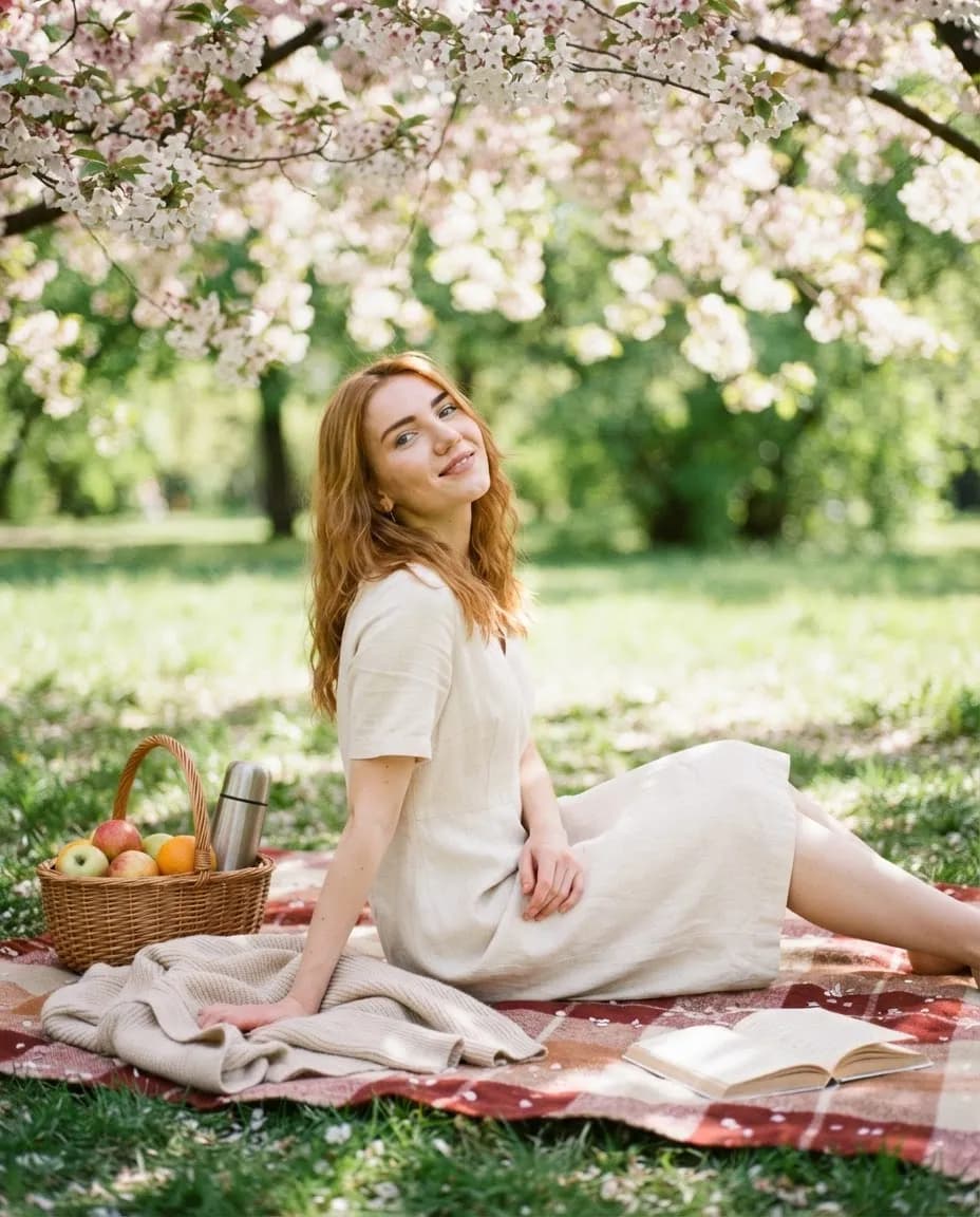 Young woman sitting on a checked picnic blanket under blossoming trees in spring sunlight