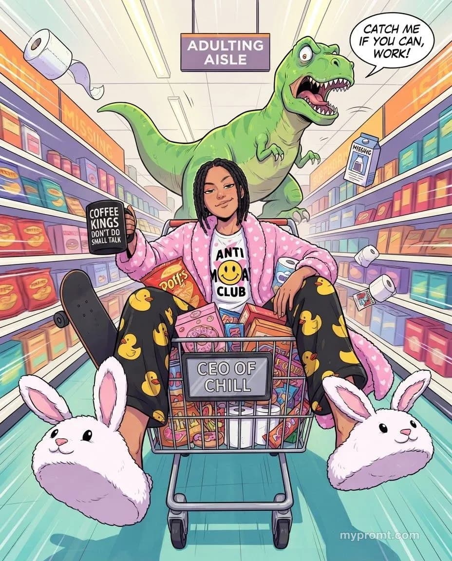 Anime illustration of a person riding a shopping trolley in bunny slippers and duck pyjamas down a supermarket aisle chased by a green T-Rex
