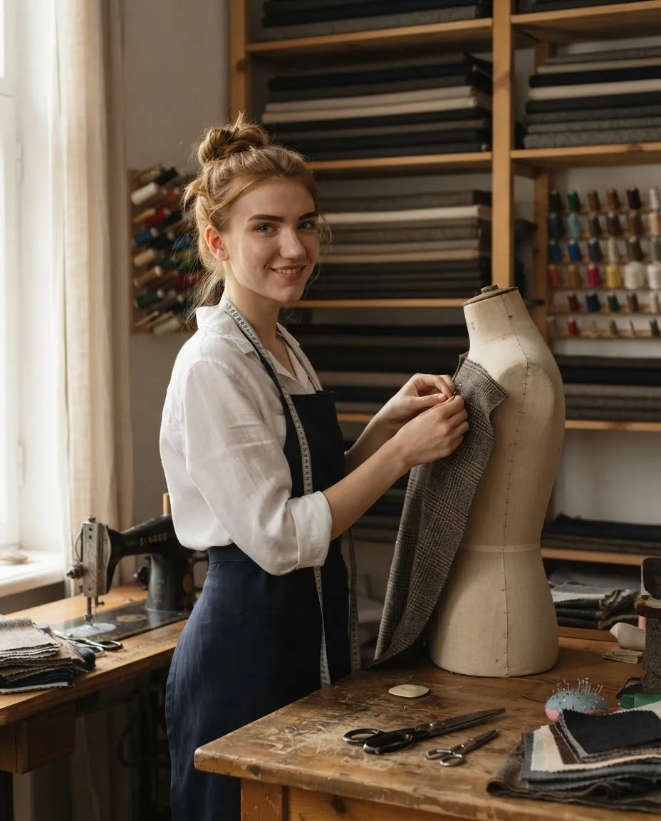 Young woman with a measuring tape at a tailor's workbench beside a dress form and bolts of fabric