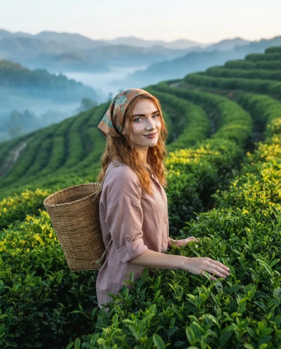 Young woman with a woven basket among terraced tea rows at dawn with mist between the hills