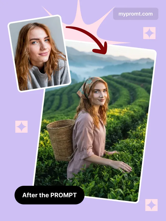 Tea plantation dawn portrait — example 2