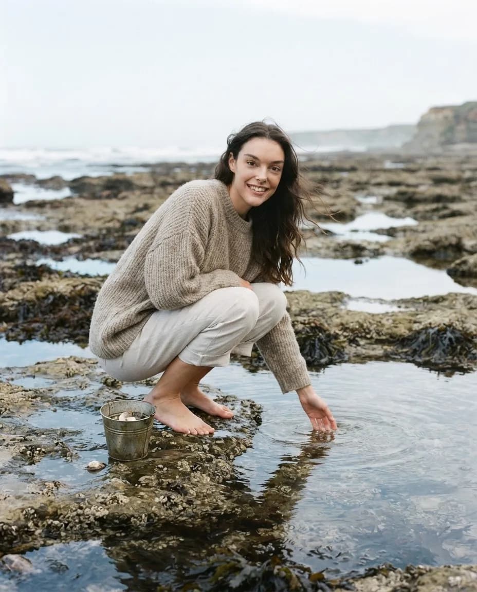 Young woman crouching beside shallow tide pools on a rocky shore at low tide
