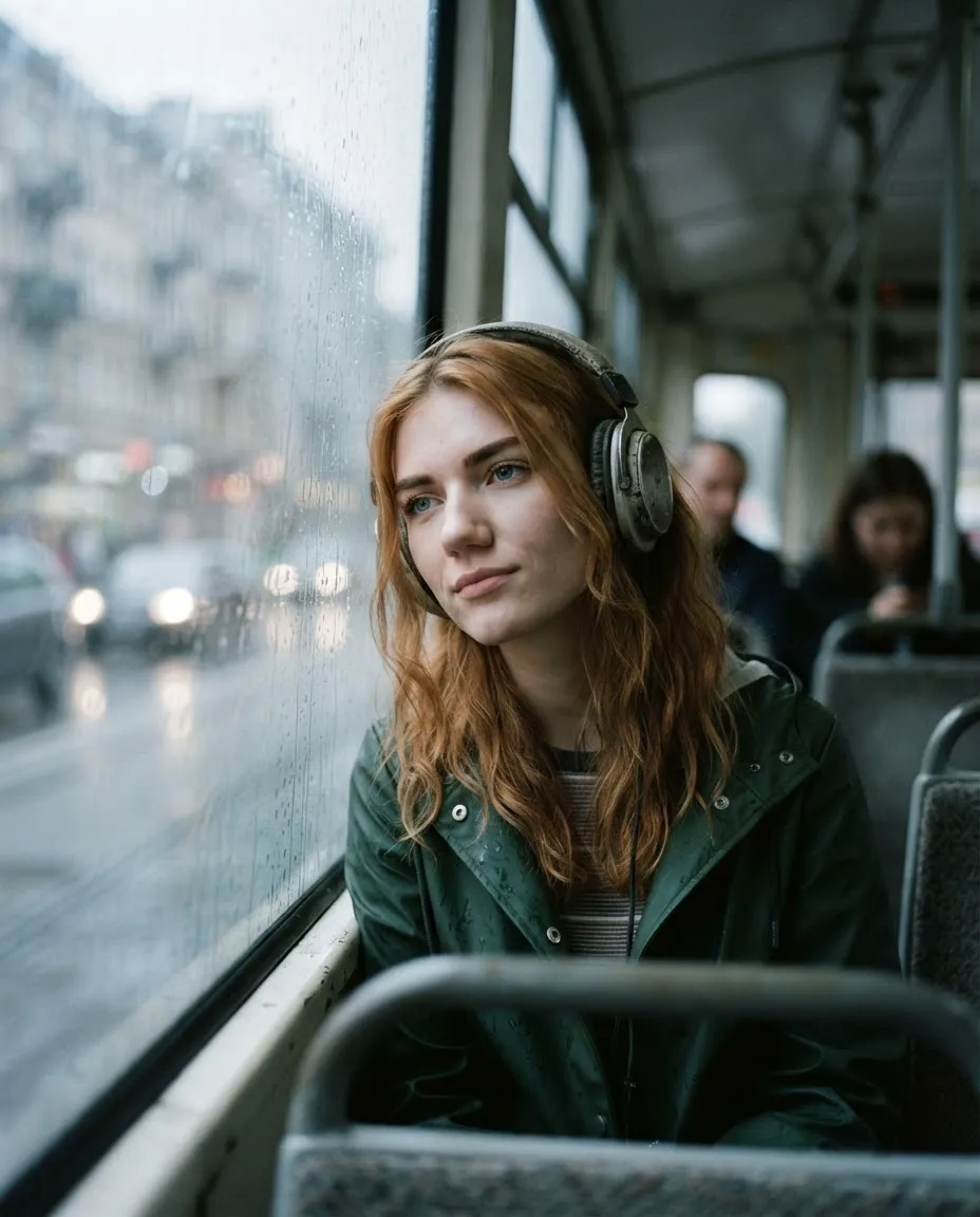 Young woman with headphones looking out of a rain-streaked tram window with the city blurred past