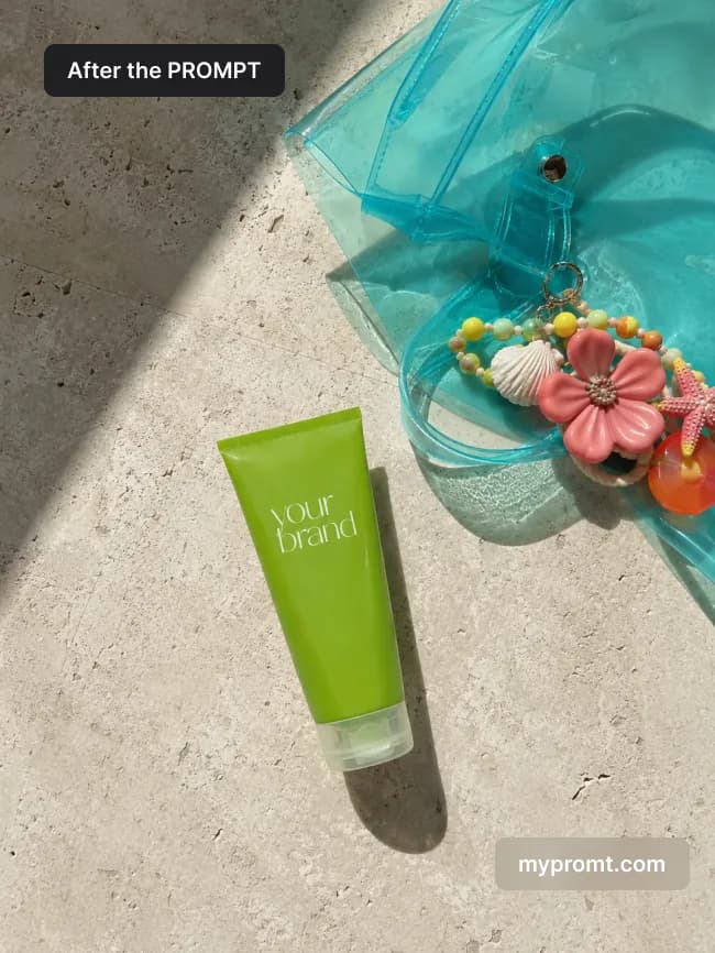Green cosmetic tube on ivory travertine beside a turquoise jelly beach bag with flower charms