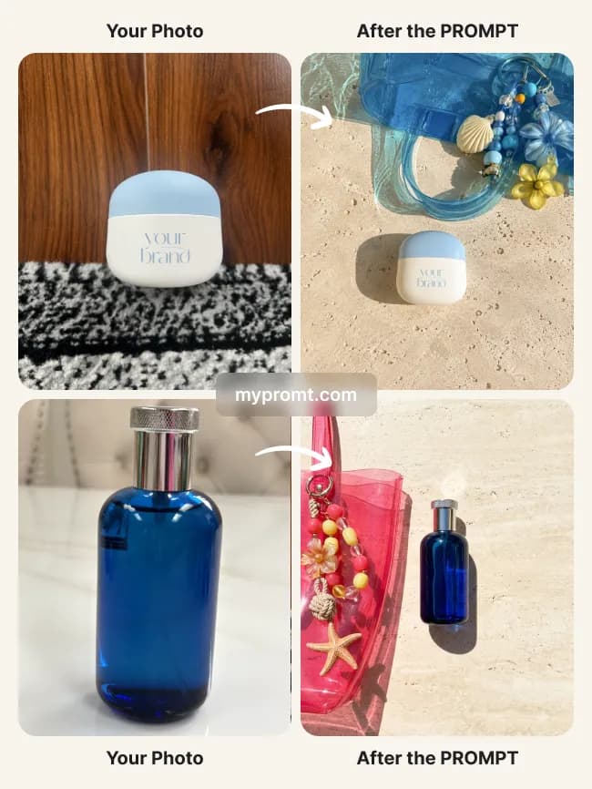 Travertine flat lay with a summer beach tote — example 2