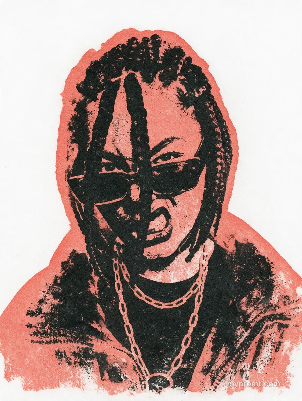 Crude two-colour rubber stamp print of a portrait: a solid coral red silhouette with a worn near-black impression printed inside it