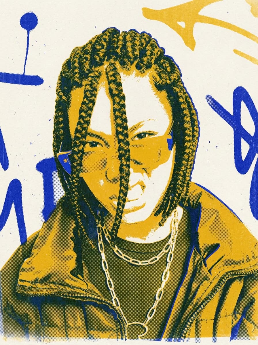 Portrait printed as a two-colour risograph in ultramarine blue and golden yellow
