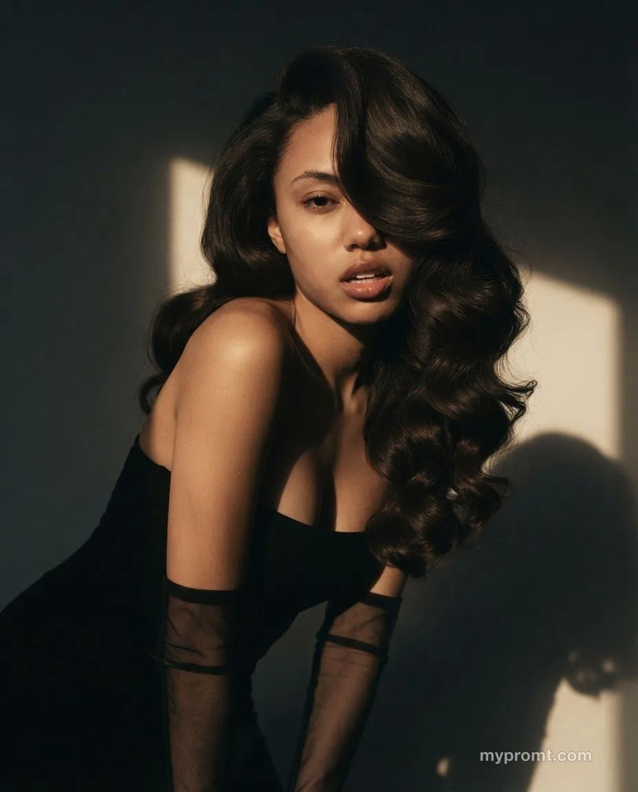 Dark low-key fashion portrait of a woman in a black strapless top and sheer opera gloves, a heavy wave of hair covering one eye