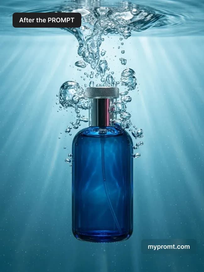 Blue glass bottle sinking underwater with rising air bubbles and sun rays