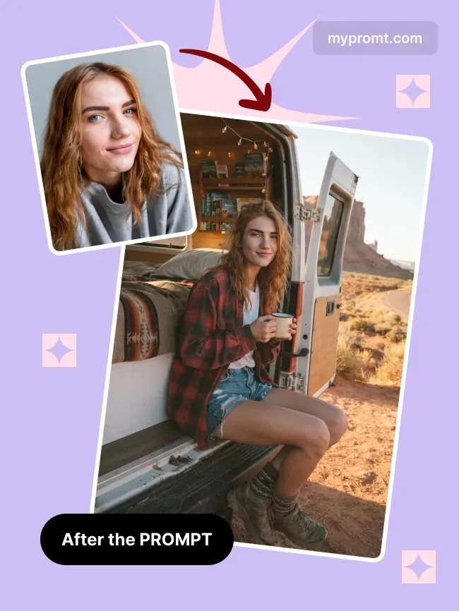 Van life desert road portrait — example 2