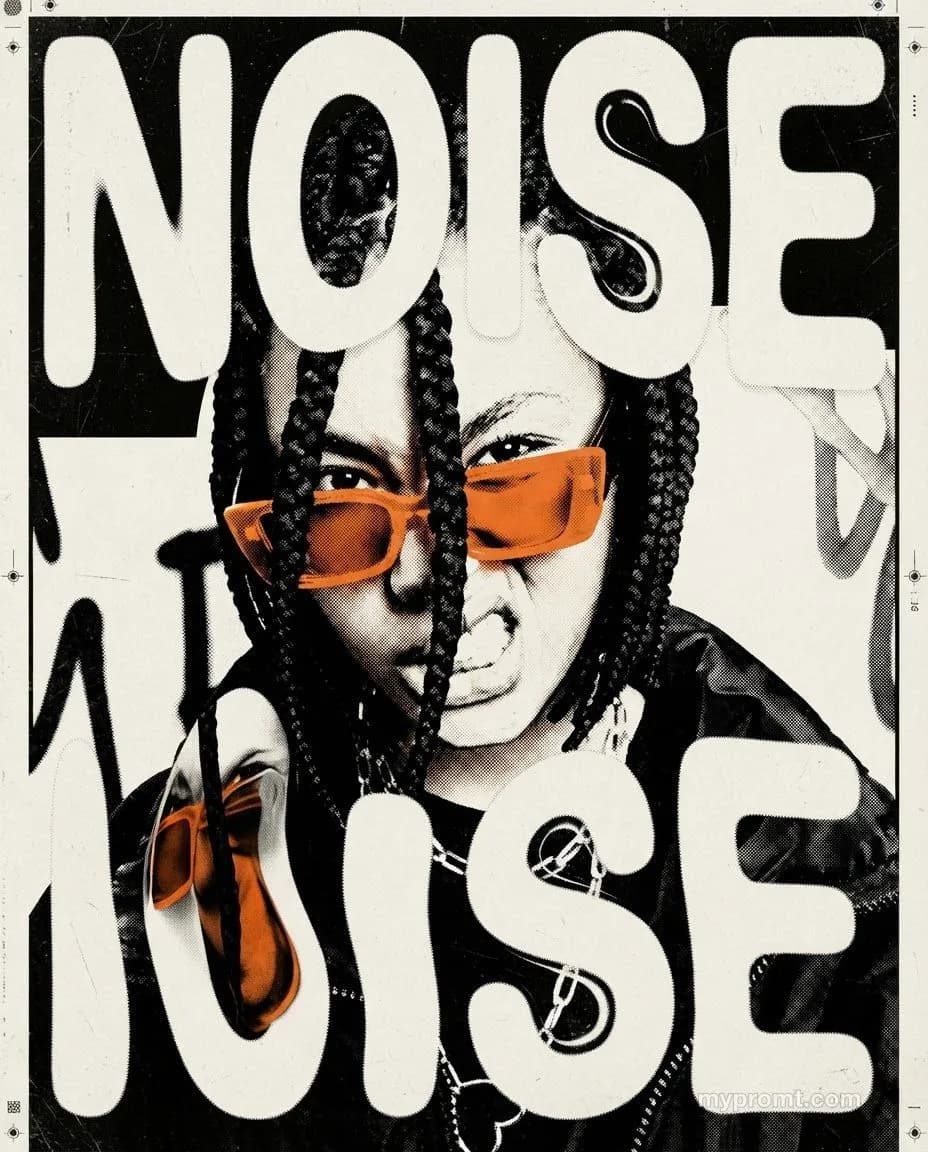Experimental editorial poster with huge warped bone-white letters reading NOISE across a halftone portrait in black, white and acid orange
