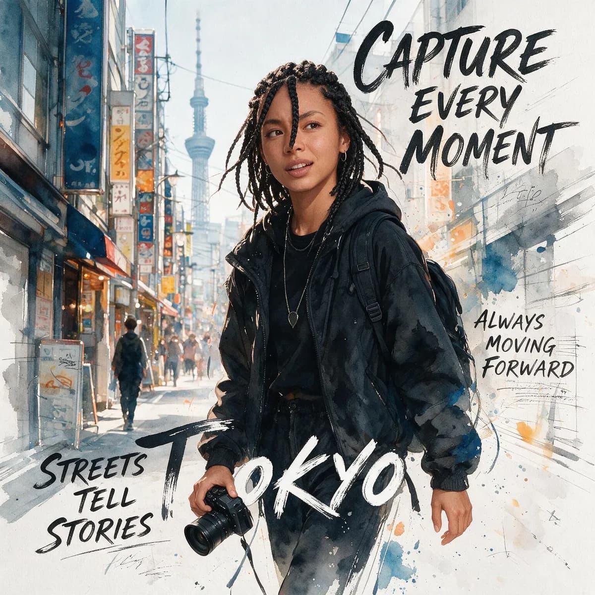Square watercolour travel poster of a woman with a camera walking a Tokyo street, with brush lettering reading Capture Every Moment and Tokyo