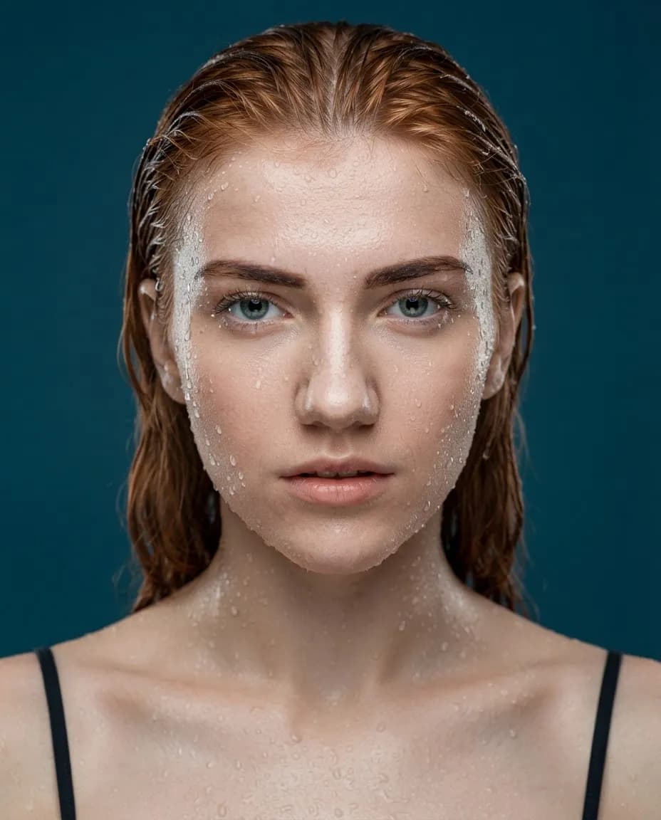 Beauty portrait with water droplets on the skin and wet swept-back hair in studio light