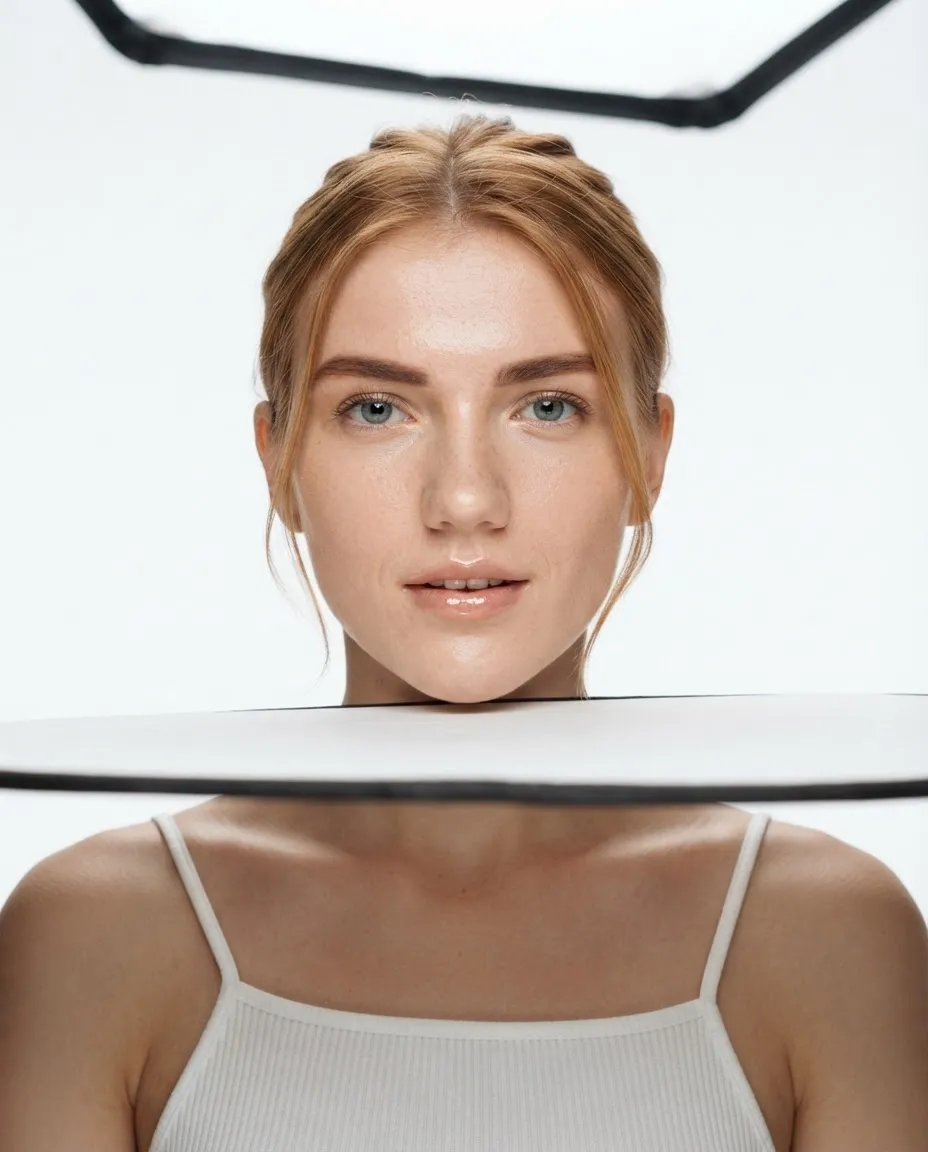 Beauty portrait on a pure white studio backdrop with soft clamshell lighting and glossy skin