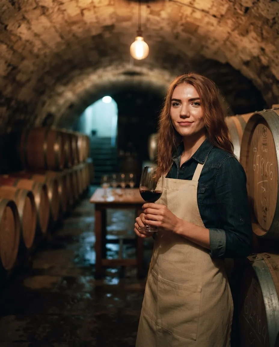 Young woman with a glass of wine among oak barrels in a vaulted stone cellar