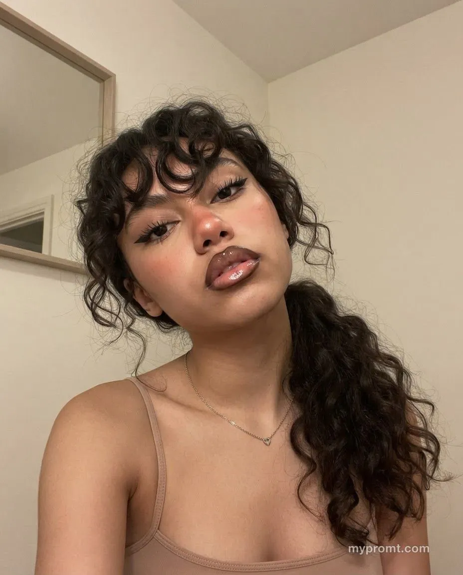 Low-angle front camera selfie of a woman with a curly fringe, side ponytail, cat-eye liner and glossy lips in a plain light room